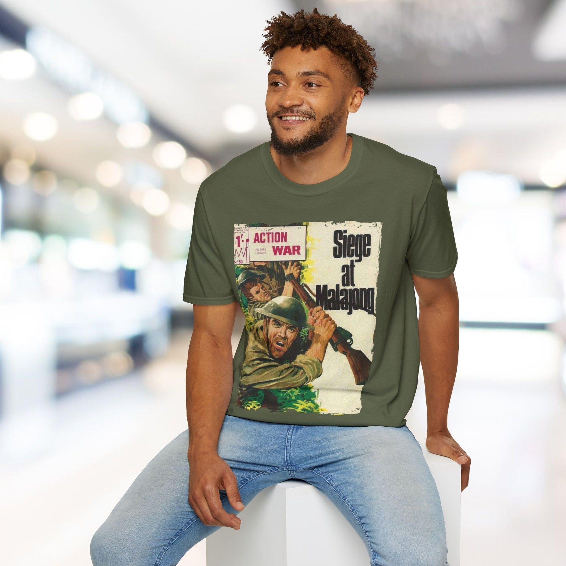 Close-up of the unisex softstyle T-shirt’s textured fabric, focusing on the relaxed fit and vibrant royal blue color from a