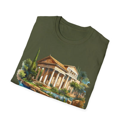 Close-up of the unisex softstyle T-shirt neckline highlighting smooth fabric and neatly stitched crew neck detail in vibrant