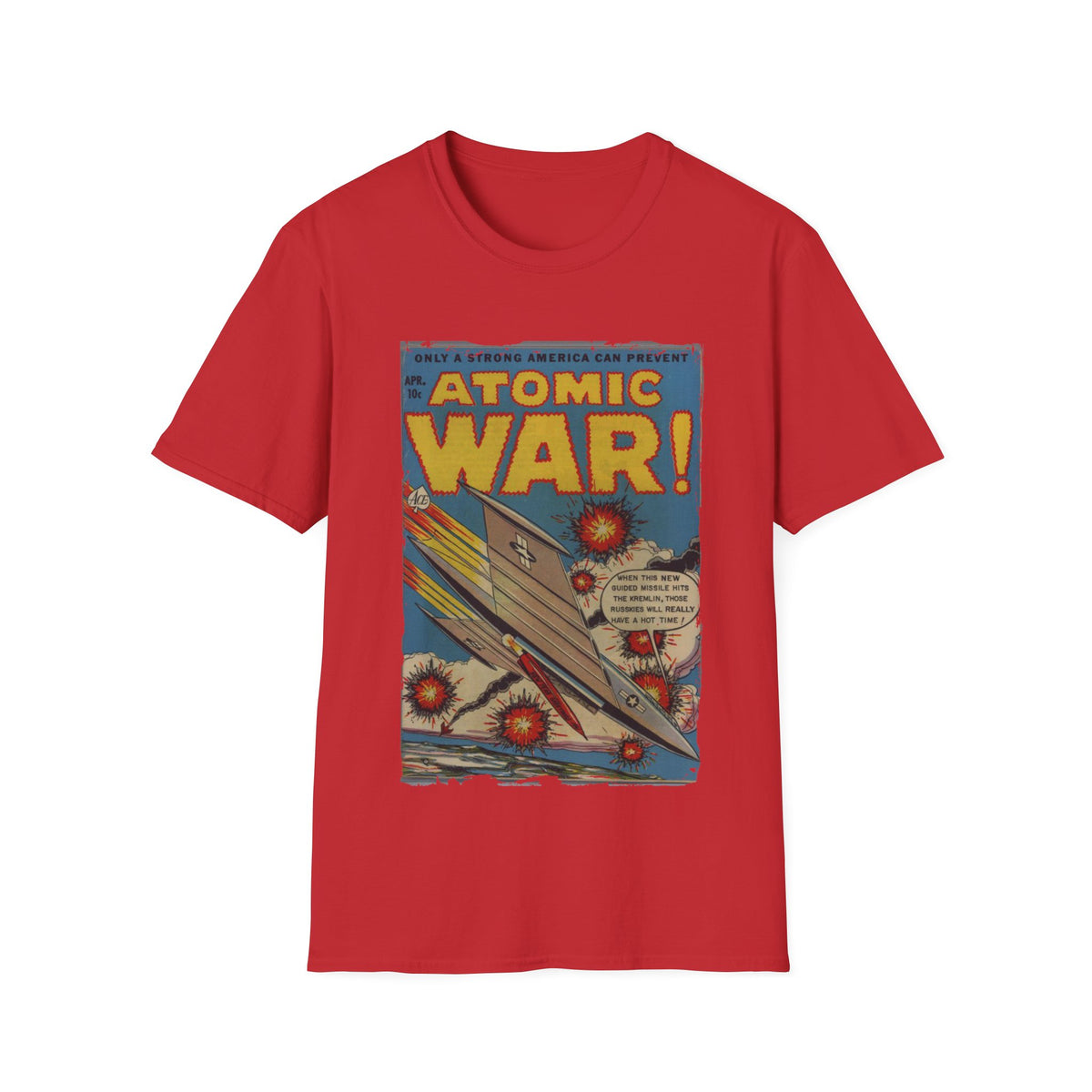 Close-up of the Atomic War! No 4 T-shirt neckline and sleeve seam highlighting softstretch fabric and relaxed fit in olive