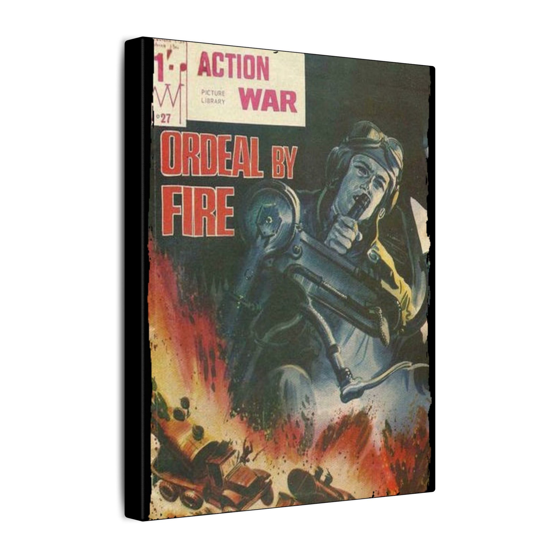Close-up of textured canvas surface highlighting vintage-style "Action War #27" label detail