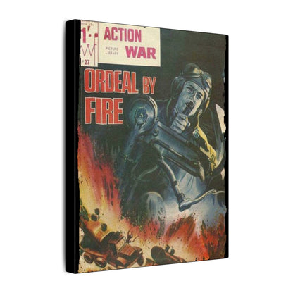 Close-up of textured canvas surface highlighting vintage-style "Action War #27" label detail