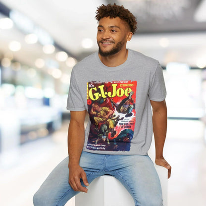 Close-up of the G.I. Joe No.11 softstyle T-shirt’s collar stitching and smooth fabric texture from a slightly angled front