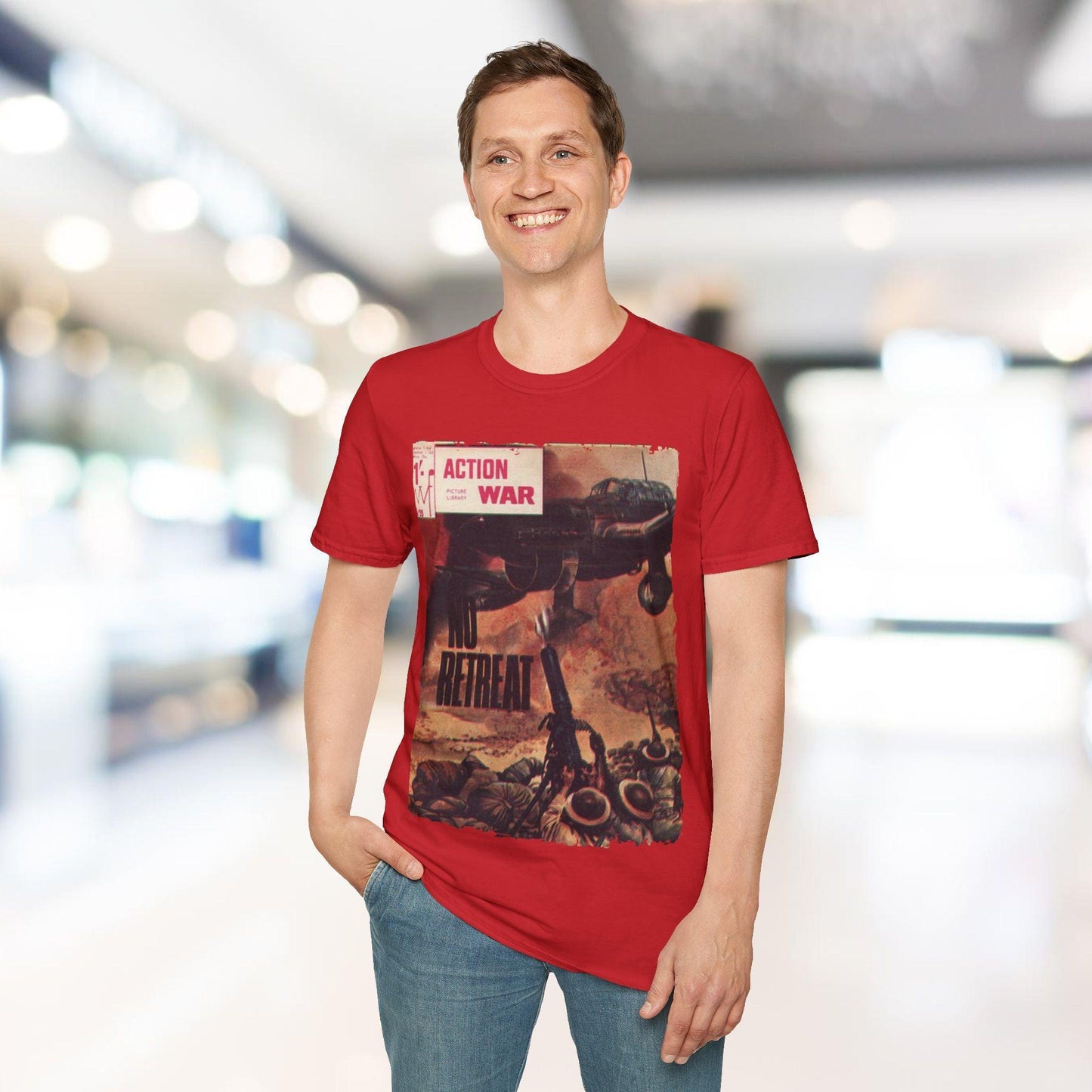 Close-up of the unisex softstyle T-shirt’s sleek crew neckline and smooth cotton fabric in vibrant crimson color