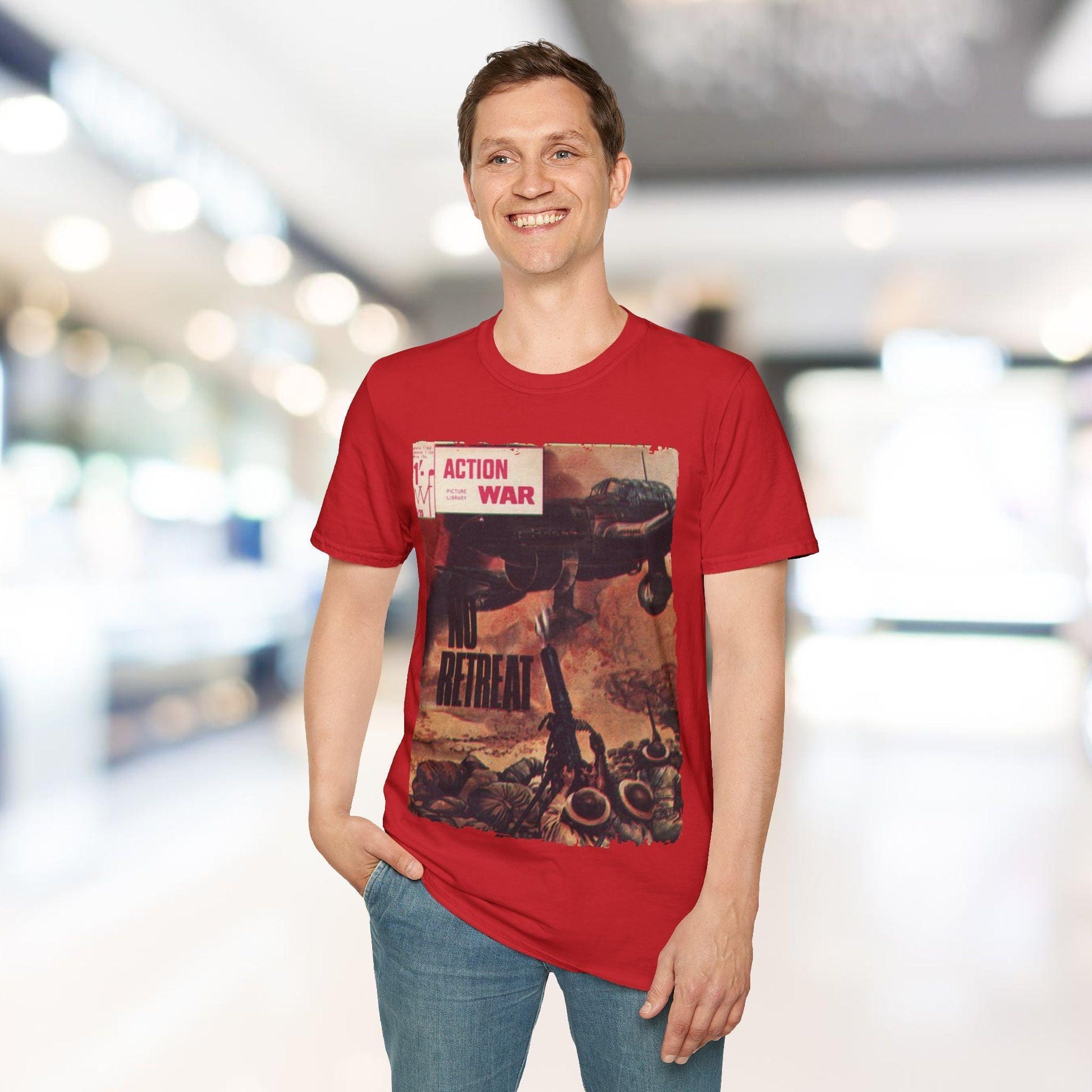 Close-up of the unisex softstyle T-shirt’s sleek crew neckline and smooth cotton fabric in vibrant crimson color