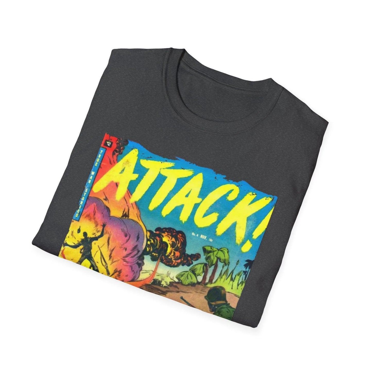 Close-up of front chest print detail highlighting the vibrant "Attack! Nov 1952" design on the unisex softstyle T-shirt's
