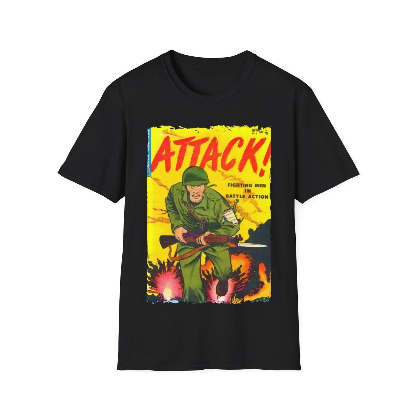 Attack! Sept 1952 unisex cotton crew neck T-shirt in navy with vintage print, regular fit, DTG design, Printify brand