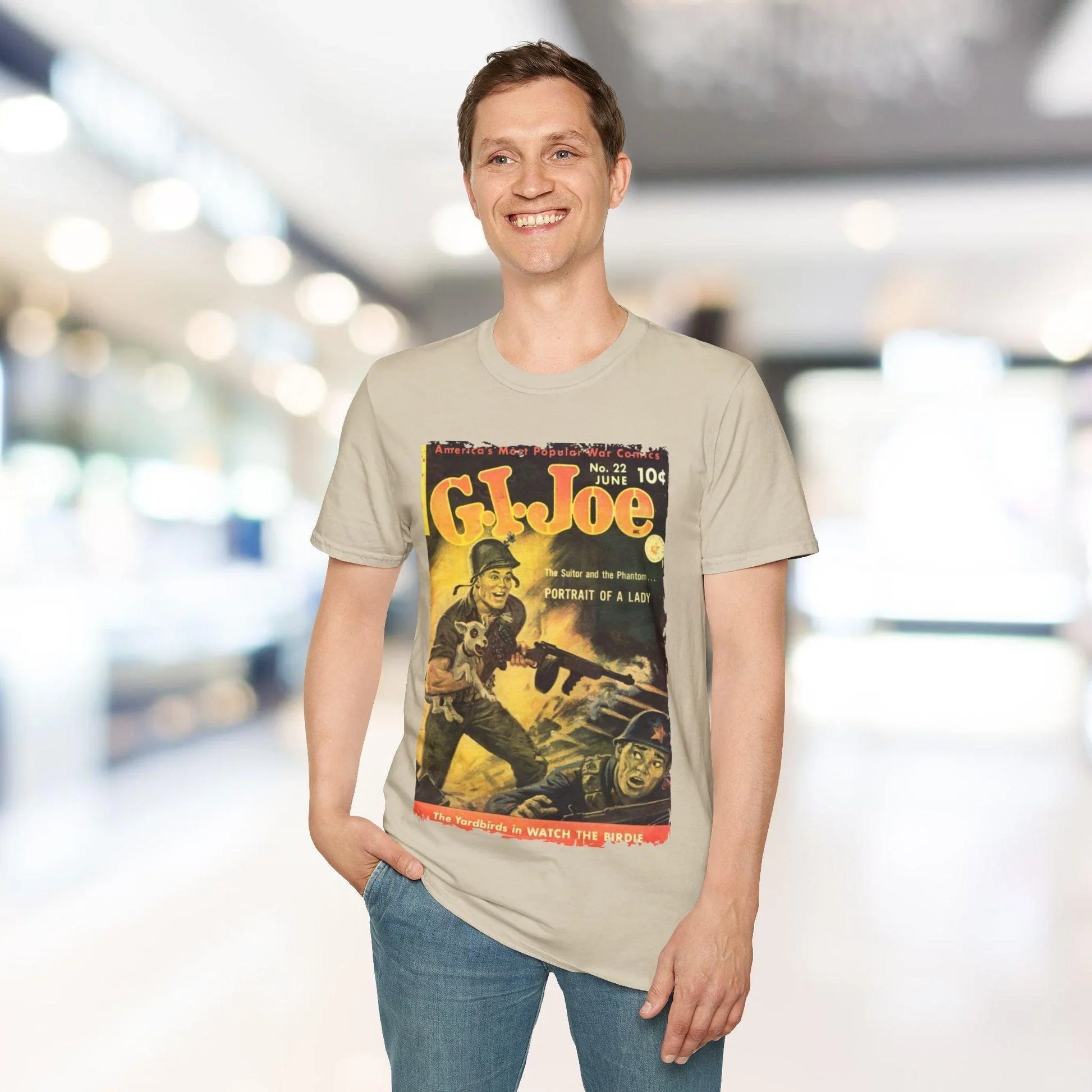 Close-up of the G.I. Joe No.22 softstyle T-shirt fabric showing navy blue color and fine jersey texture from a diagonal