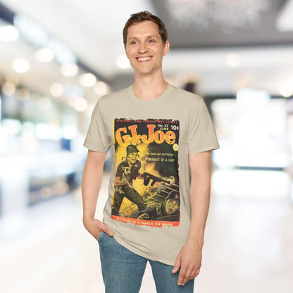 Close-up of the G.I. Joe No.22 softstyle T-shirt fabric showing navy blue color and fine jersey texture from a diagonal