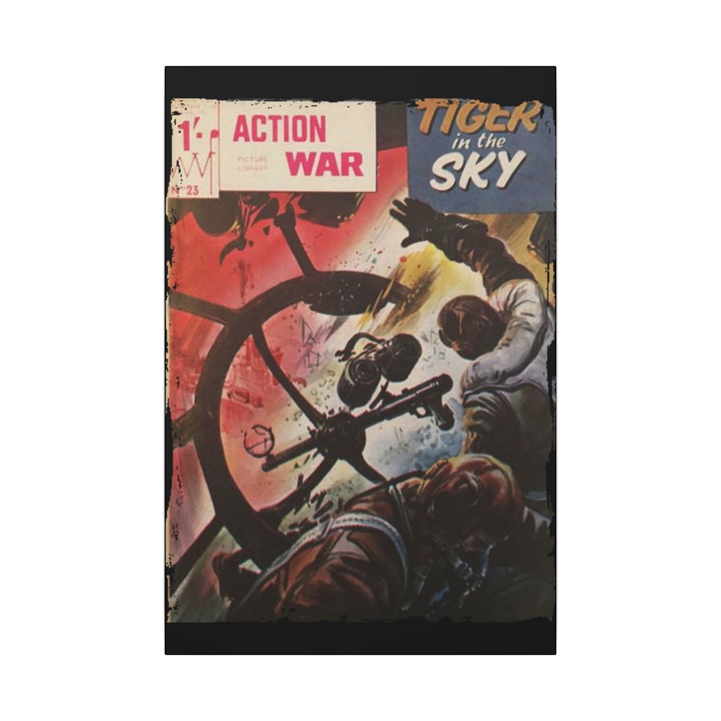 Close-up of the vintage-style "Action War #23" comic book title with textured canvas background and bold lettering detail.