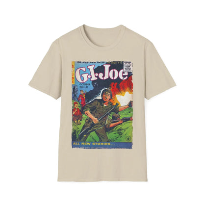 Close-up of G.I. Joe No.41 unisex softstyle T-shirt's crew neckline and smooth cotton fabric texture from a top-down angle.