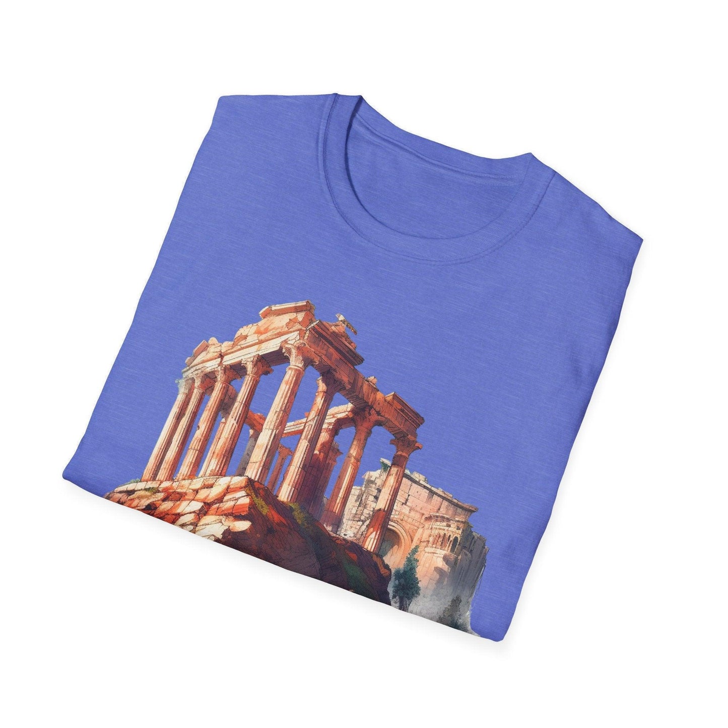 Close-up of the unisex softstyle fabric weave in heather charcoal, highlighting the smooth neckline and subtle texture