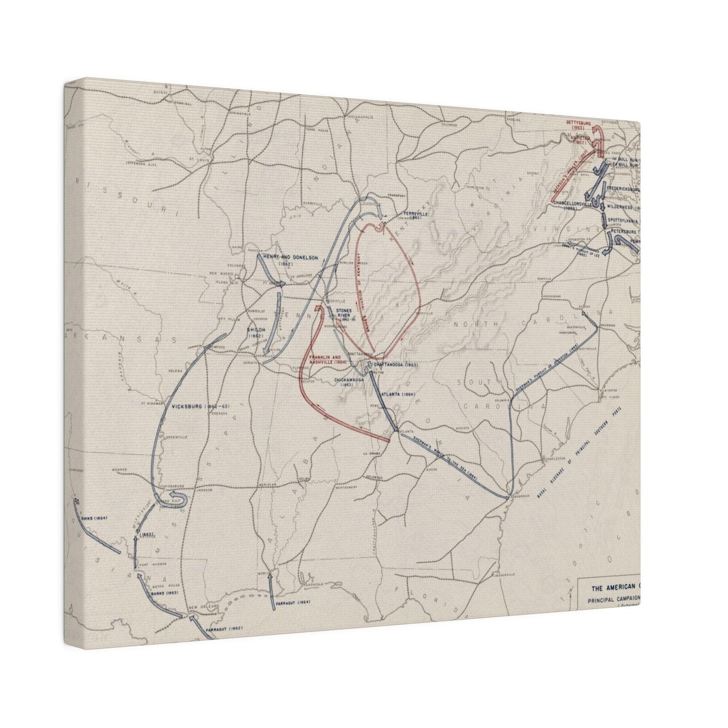 Close-up of detailed historical map segment highlighting troop movements during the Civil War era, showing intricate line