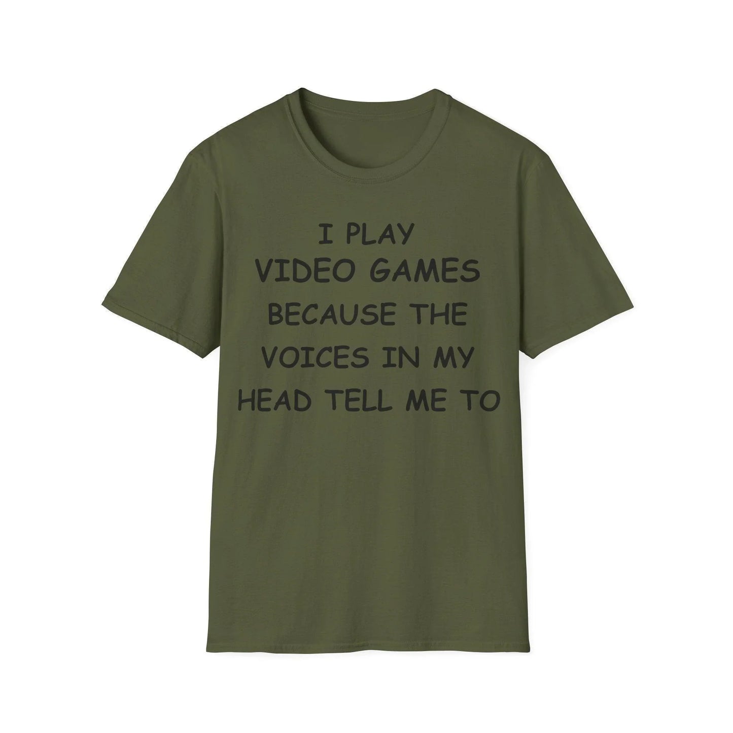 Front upper chest detail showcasing the "I Play Video Games" black unisex Softstyle T-Shirt's smooth cotton fabric and clean