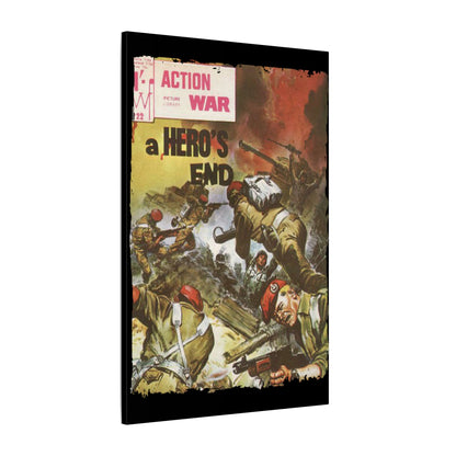 Close-up of the Canvas material’s textured weave and vibrant print detail on the Action War #22 comic cover from a top-down