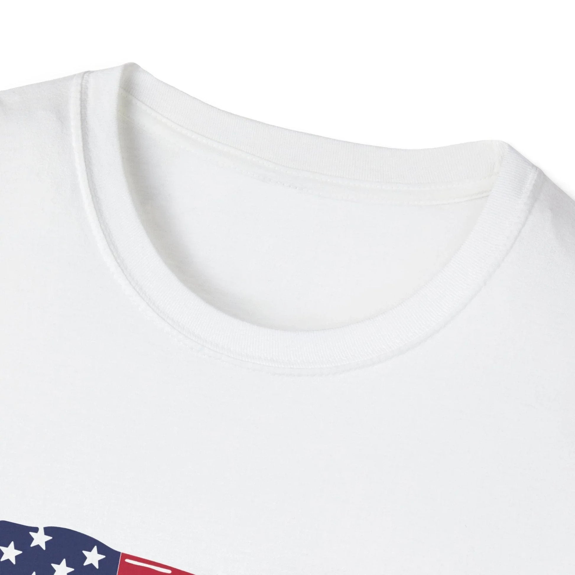 Close-up of distressed flag heartbeat graphic on unisex softstyle T-shirt’s front neckline, showing textured print detail in