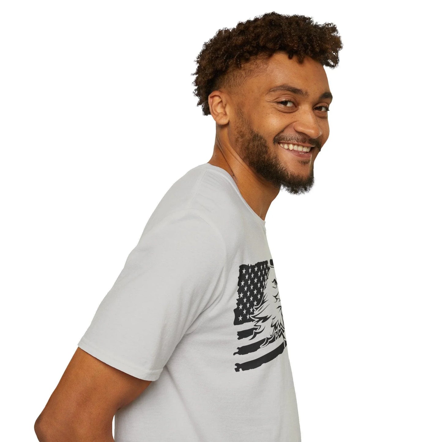 Close-up of distressed black-and-white American flag eagle graphic on soft cotton fabric showing textured print details and