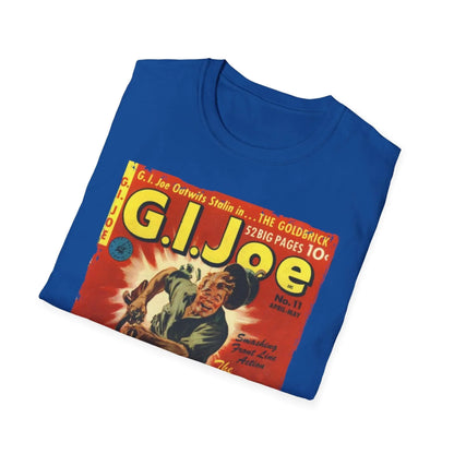 Close-up of the G.I. Joe No.11 Apr unisex softstyle T-shirt’s lightweight fabric, showing the relaxed fit and vibrant teal