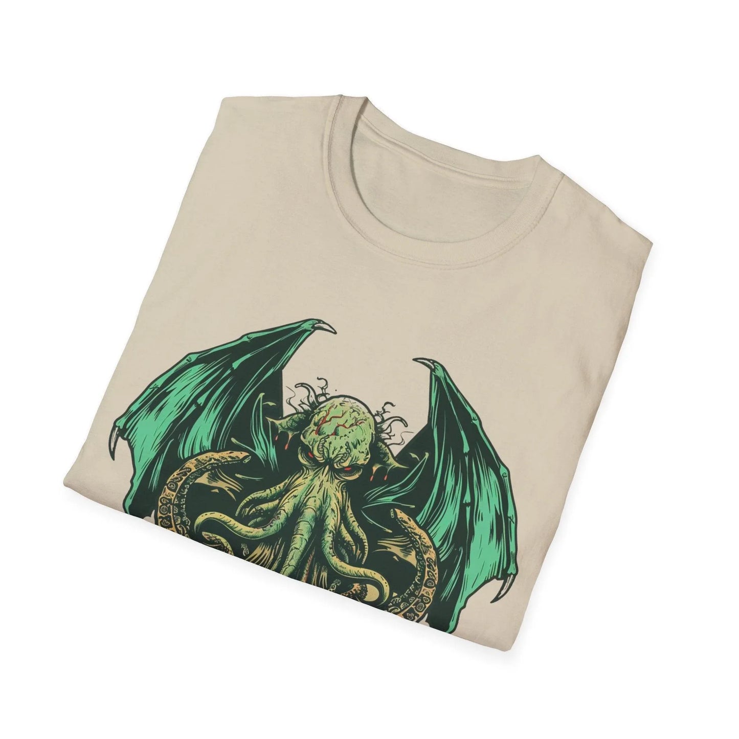 Close-up of the Cthulhu graphic on the chest area, highlighting intricate line work and vibrant teal ink on the heather gray
