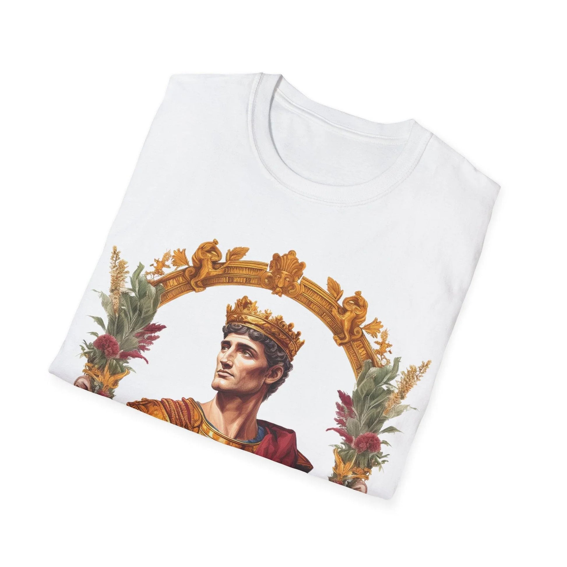 Close-up of the embroidered Ancient Emperor logo on the chest in black ink, highlighting textured stitching on the soft