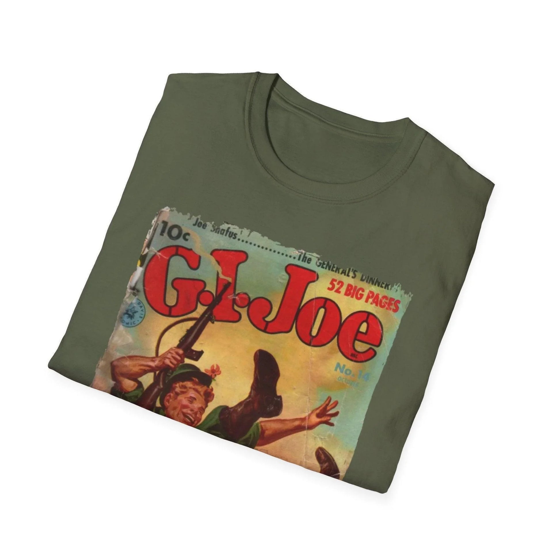 Close-up of the G.I. Joe No.14 softstyle T-shirt's neckline and stitched collar detail in black color, highlighting smooth