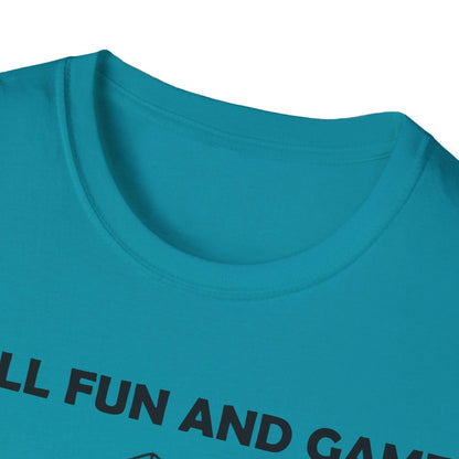 Close-up of the Black All Fun and Games unisex Softstyle T-shirt's neckline and shoulder seam detail showcasing smooth
