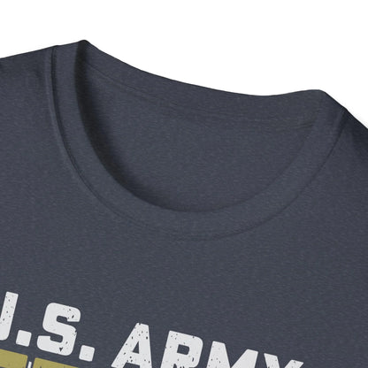 Close-up of the Army "Defender of Freedom" logo printed on the front chest of the relaxed fit, charcoal gray, soft cotton