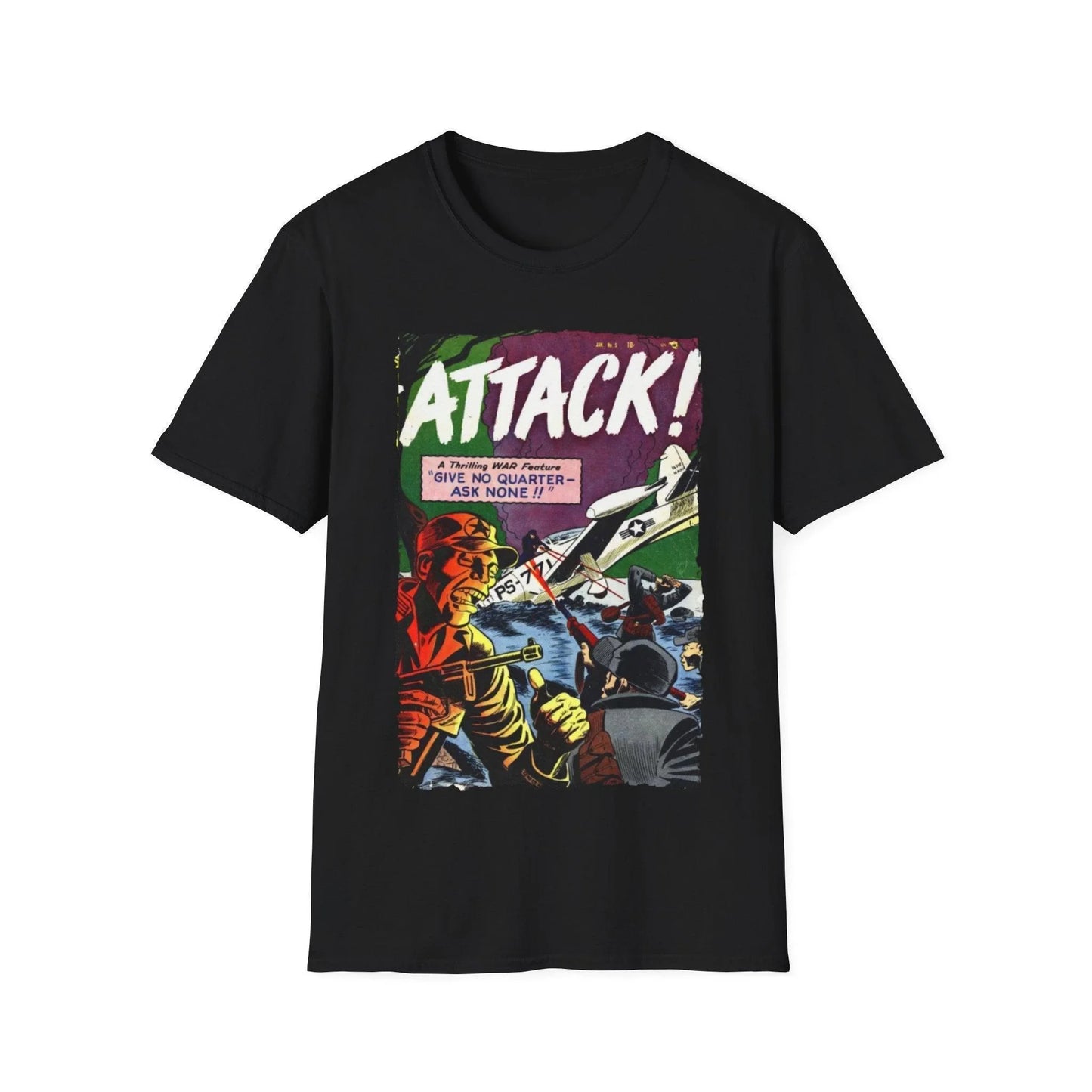 Printify Attack! No. 5 unisex softstyle crew neck T-shirt in black cotton with regular fit and DTG print design