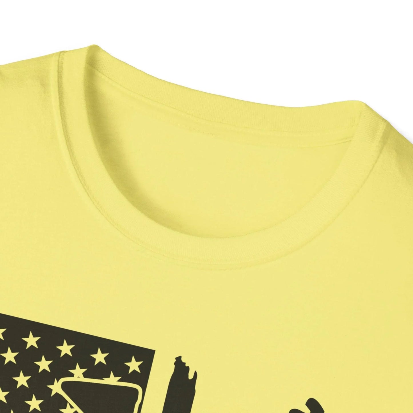 Close-up of distressed black and white American flag graphic on soft cotton fabric, highlighting the textured print and