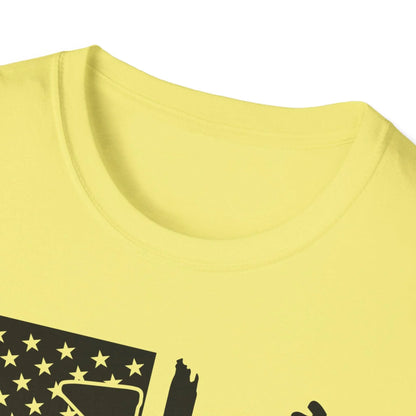 Close-up of distressed black and white American flag graphic on soft cotton fabric, highlighting the textured print and