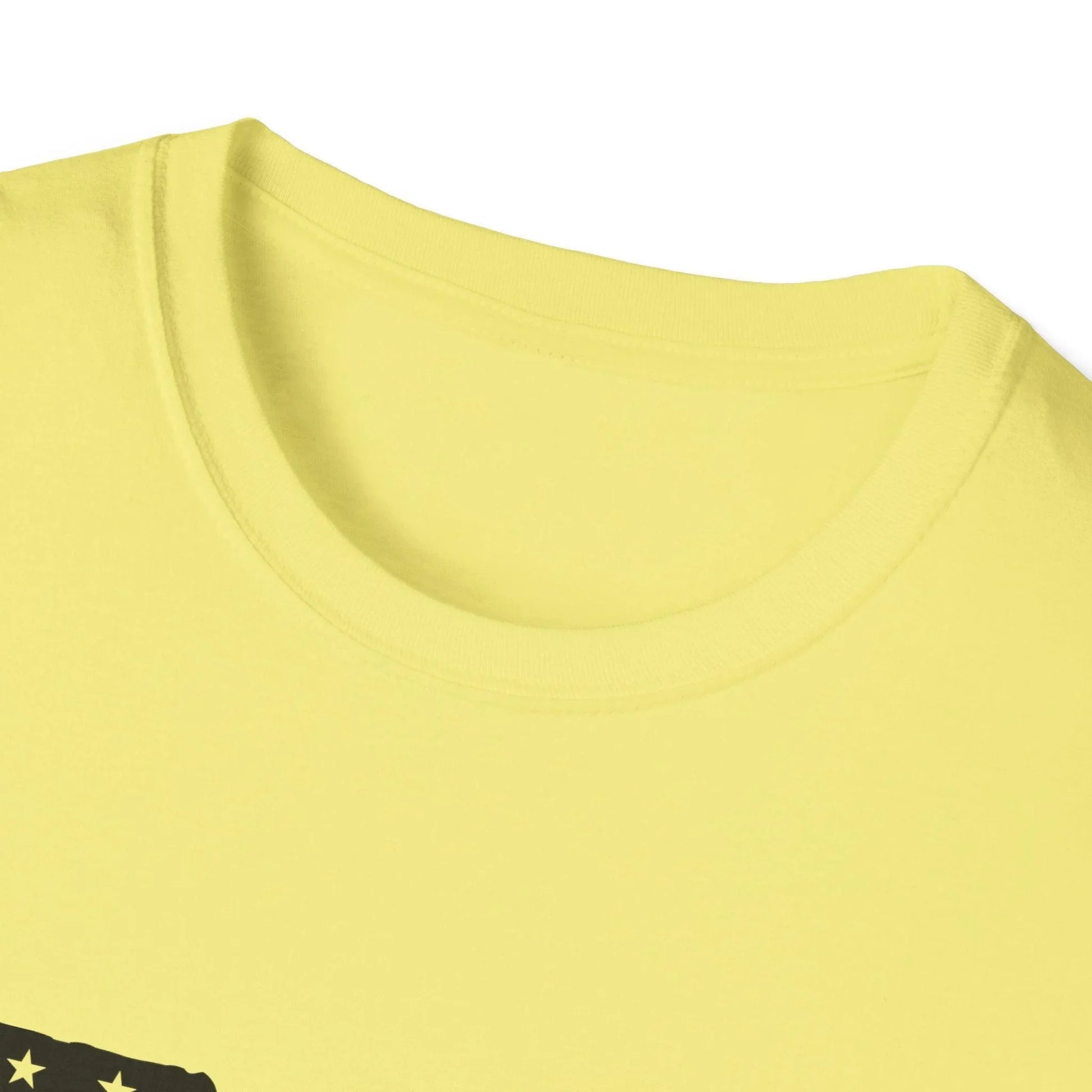 Close-up of the unisex softstyle fabric displaying the crisp black-and-white American flag print on the chest area.