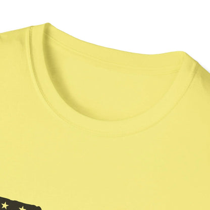 Close-up of the unisex softstyle fabric displaying the crisp black-and-white American flag print on the chest area.