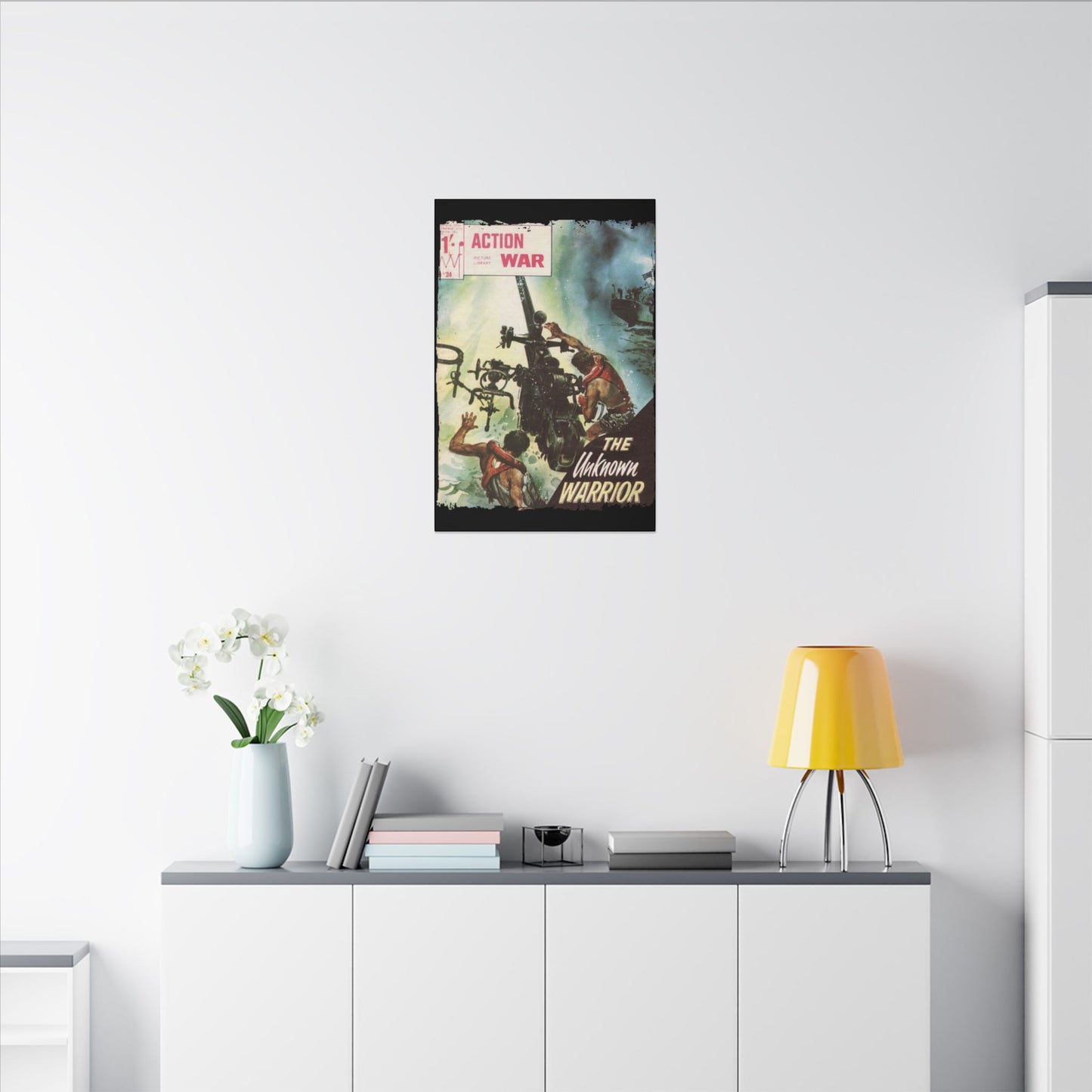 Close-up of textured canvas material highlighting the vintage-style print and subtle brushstroke details on the Action War