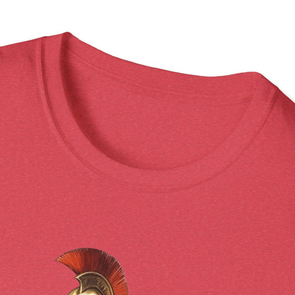 Close-up of the "Ancient Warrior 1" unisex softstyle T-shirt's vibrant front graphic and subtly textured cotton blend fabric