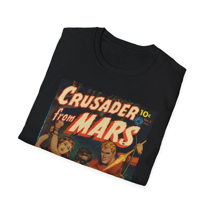 Close-up of the Crusader from Mars 2 printed design on the chest area, showcasing detailed artwork against the dark navy