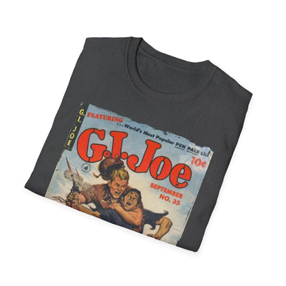 Close-up of the G.I. Joe No.35 softstyle T-shirt's vibrant red fabric with visible relaxed fit stitching and back neckline