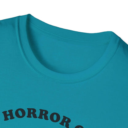 Detail shot of the Cosmic Horror Cuteness T-shirt’s soft cotton fabric, showing relaxed fit and deep navy color from a