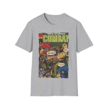 Close-up of the Combat March 1966 T-shirt's soft fabric texture and vibrant olive green color from a front diagonal angle