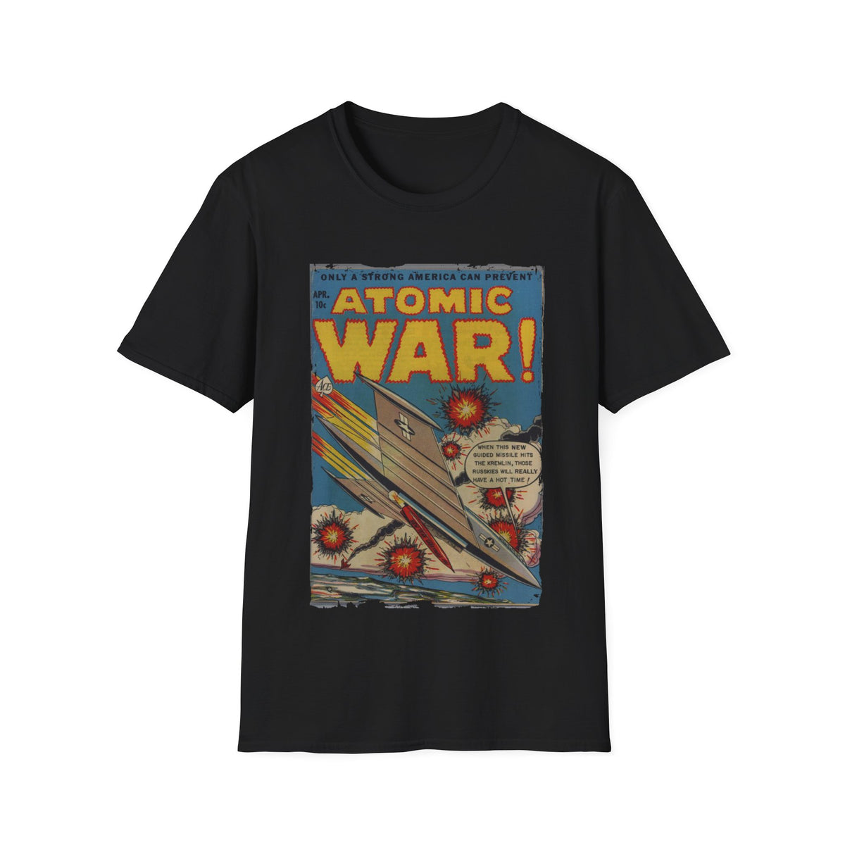 Close-up of the atomic explosion graphic on the chest area, showcasing vibrant print details on the unisex softstyle T-shirt