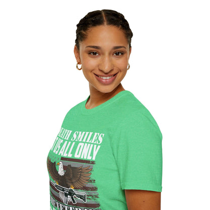 Close-up of the Death Smiles logo printed on the soft cotton fabric's front center, highlighting the crisp teal and black