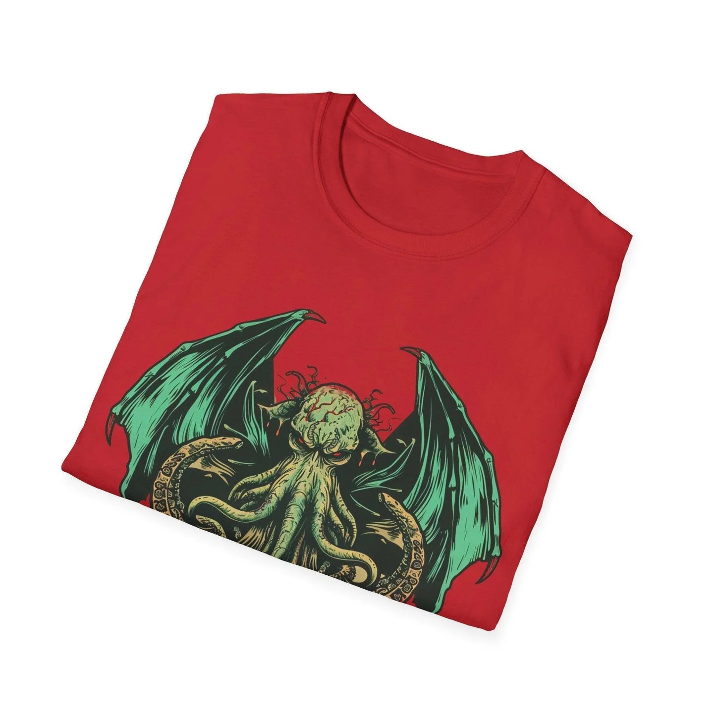 Close-up of Cthulhu graphic detail on relaxed fit, heather gray unisex T-shirt with crew neckline and short sleeves.