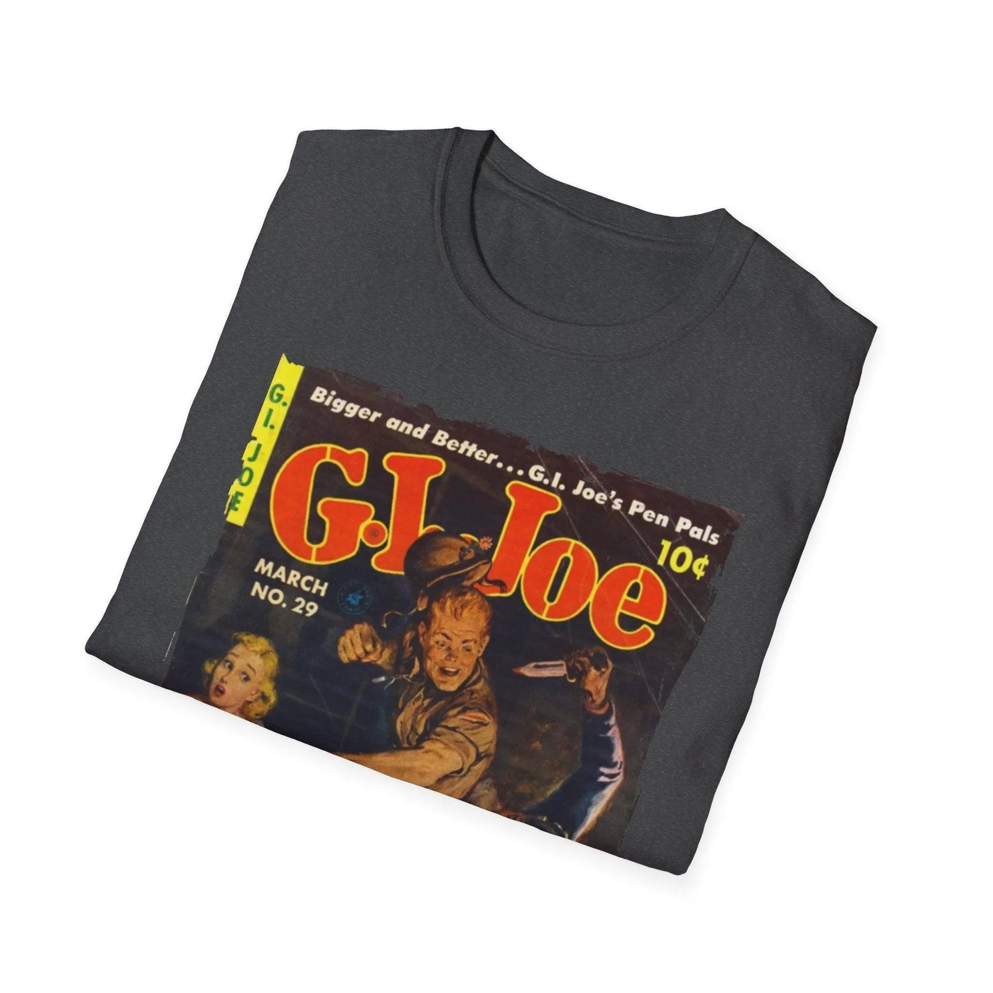 Close-up of the G.I. Joe No.29 T-shirt's neckline featuring reinforced stitching and a sewn-in label detail from a lower