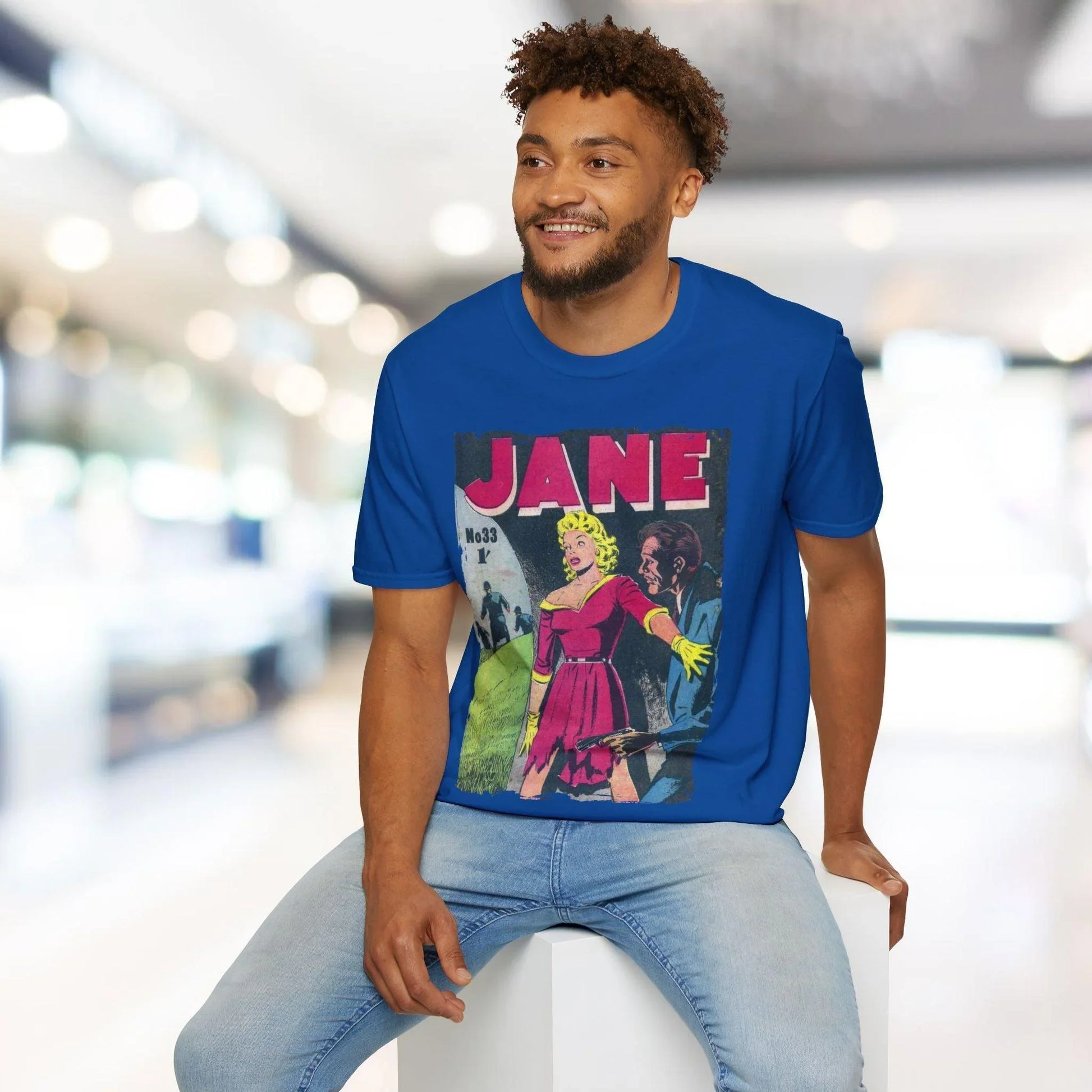 Close-up of the Jane No.33 unisex softstyle T-shirt’s collar and stitched neckline in vibrant teal, highlighting the smooth