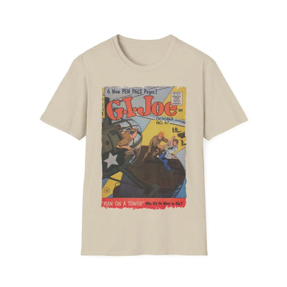 Close-up of the G.I. Joe No.47 softstyle T-shirt’s vibrant navy fabric and smooth crew neckline from a slightly angled front