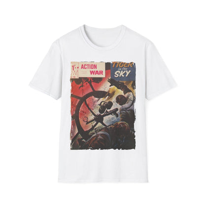 Close-up of the unisex softstyle T-shirt's smooth, heathered navy fabric with a reinforced crew neckline and short sleeves