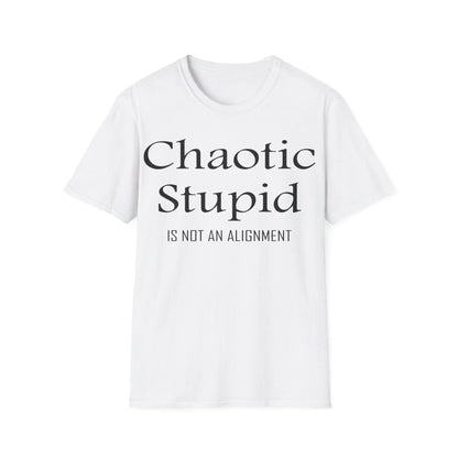 Printify black cotton unisex crew neck T-shirt with regular fit and printed "Chaotic Stupid is not an alignment" design