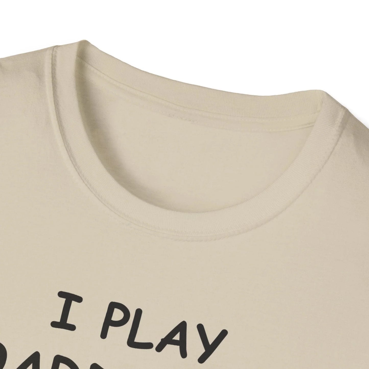 Close-up of the black unisex softstyle T-shirt's collar stitching and smooth fabric texture from a front-detail angle