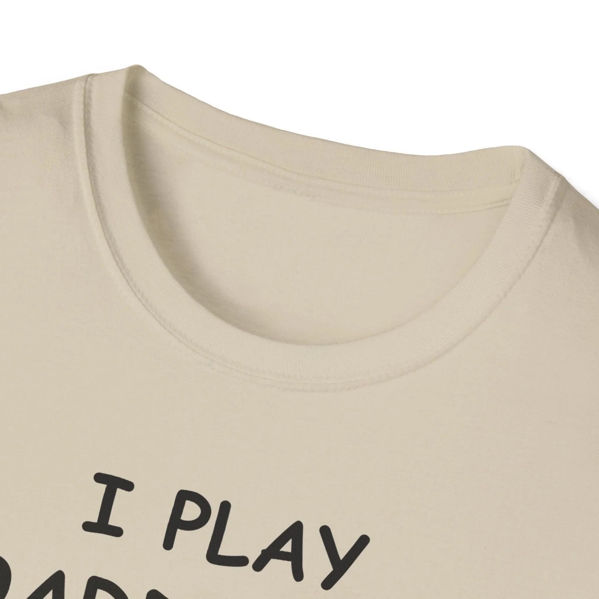 Close-up of the black unisex softstyle T-shirt's collar stitching and smooth fabric texture from a front-detail angle