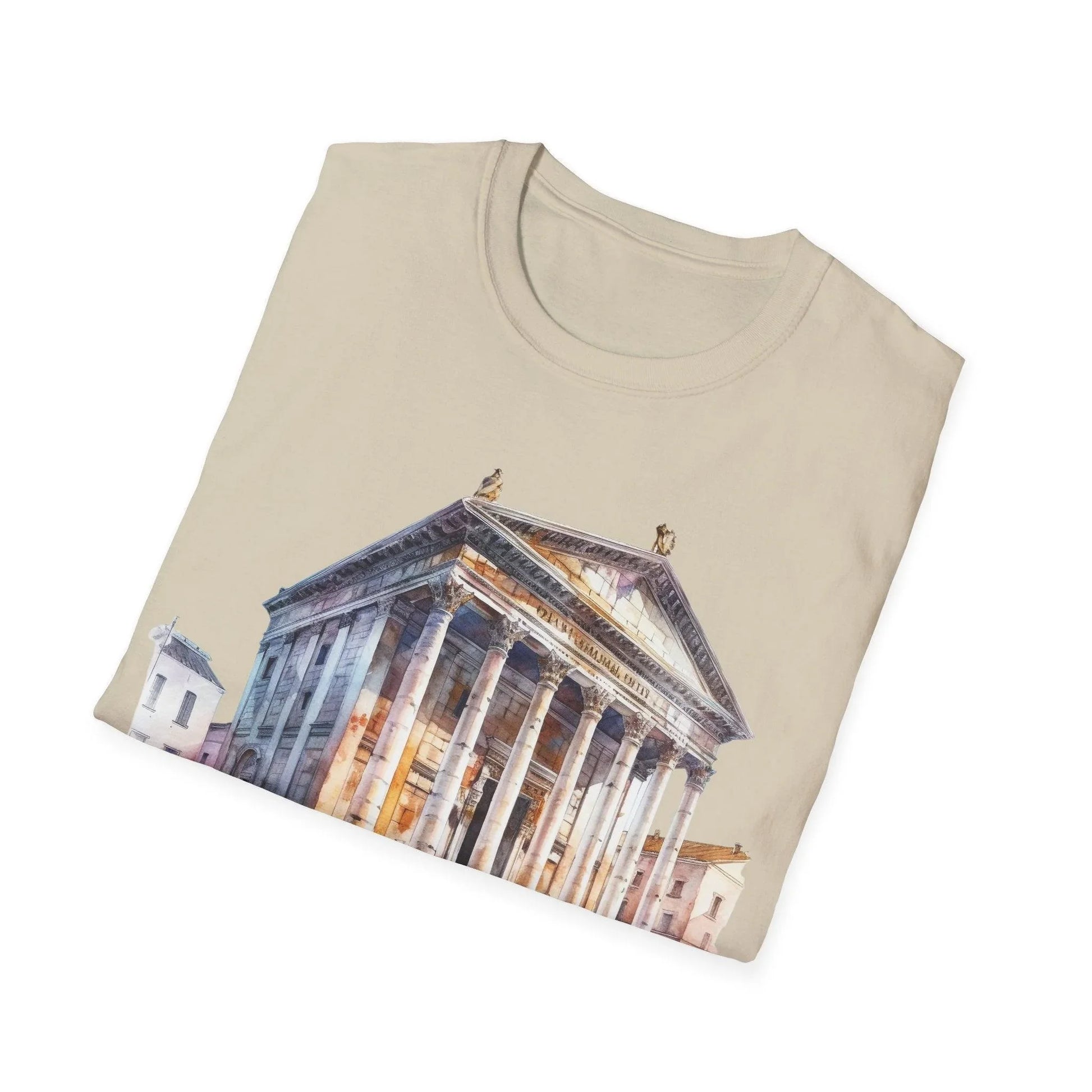 Close-up of the unisex softstyle T-shirt’s relaxed fit neckline and smooth cotton fabric in warm beige from a slightly