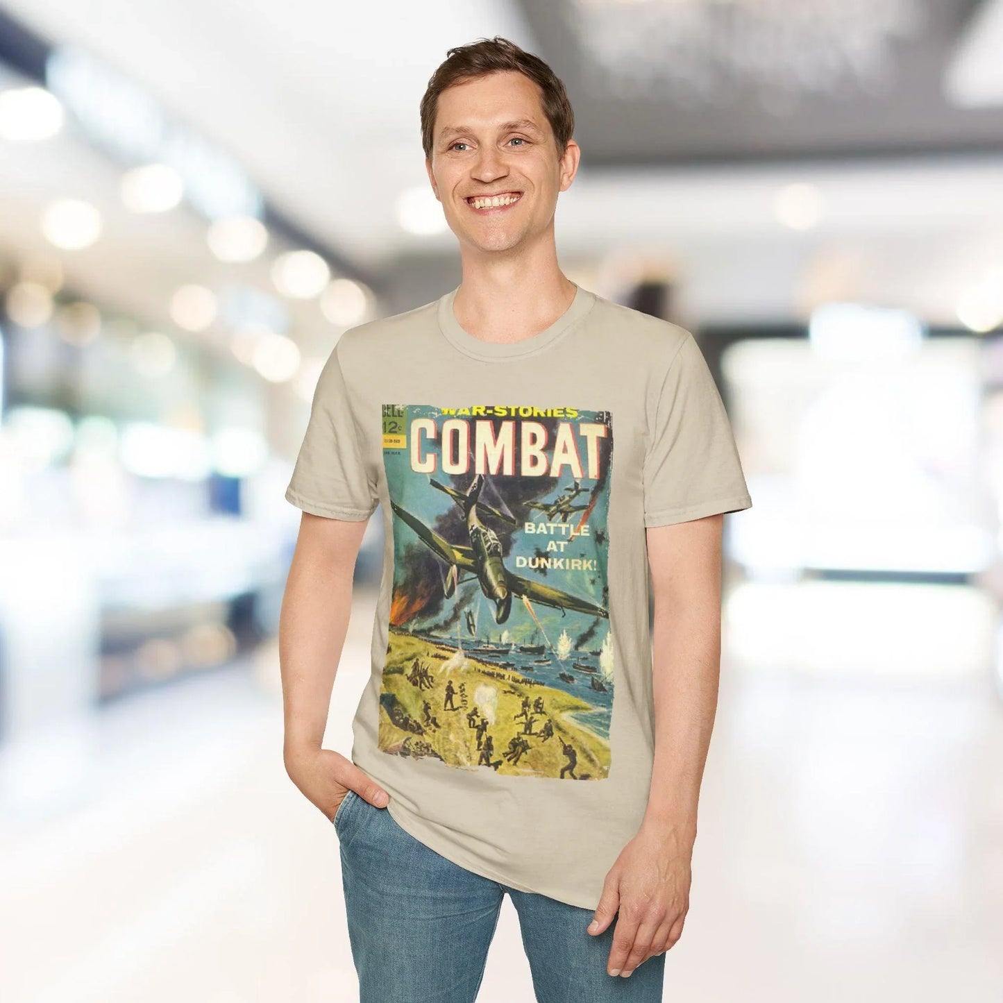 Close-up of the Combat March 1965 T-shirt’s relaxed fit neckline with visible stitching and fabric texture in deep olive