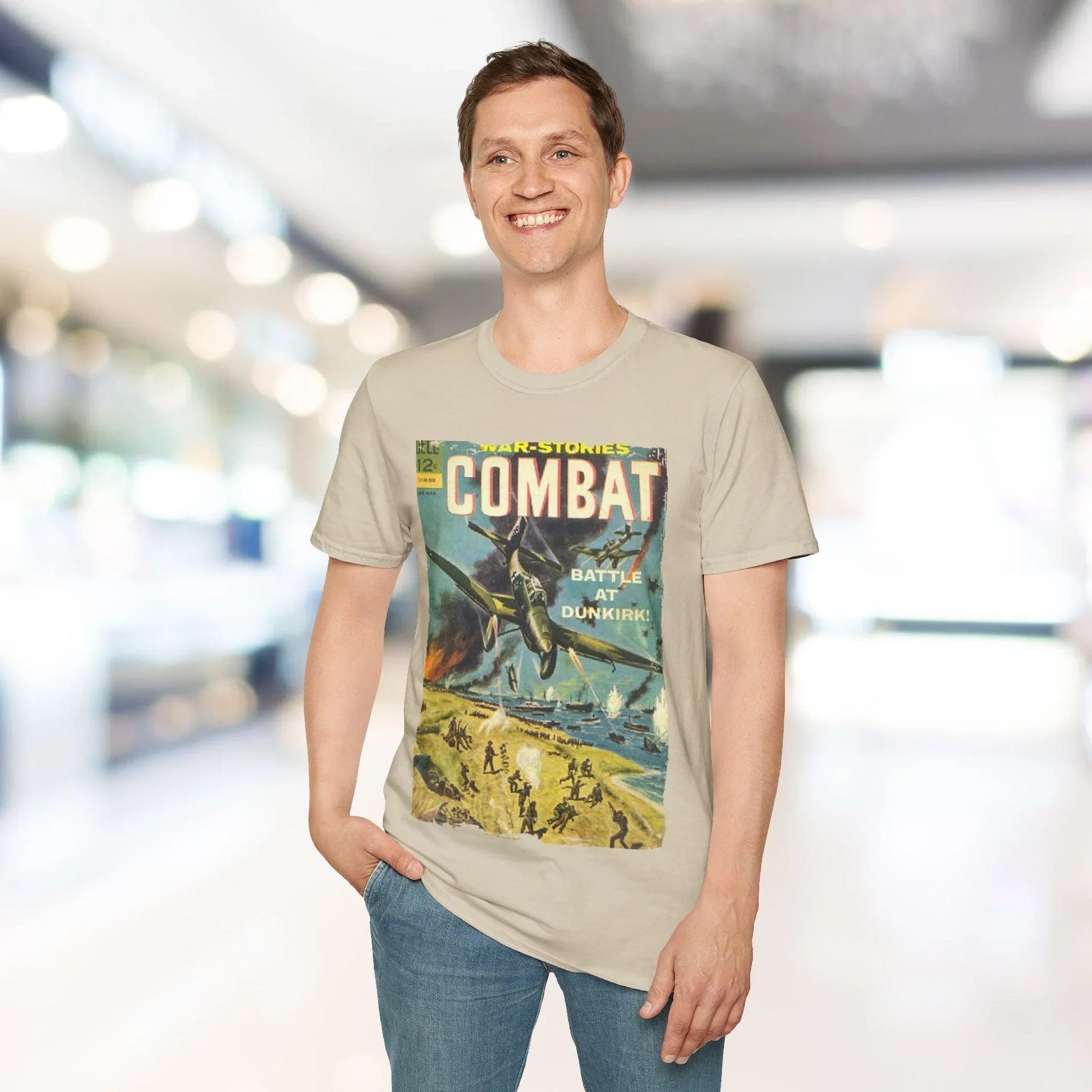 Close-up of the Combat March 1965 T-shirt’s relaxed fit neckline with visible stitching and fabric texture in deep olive